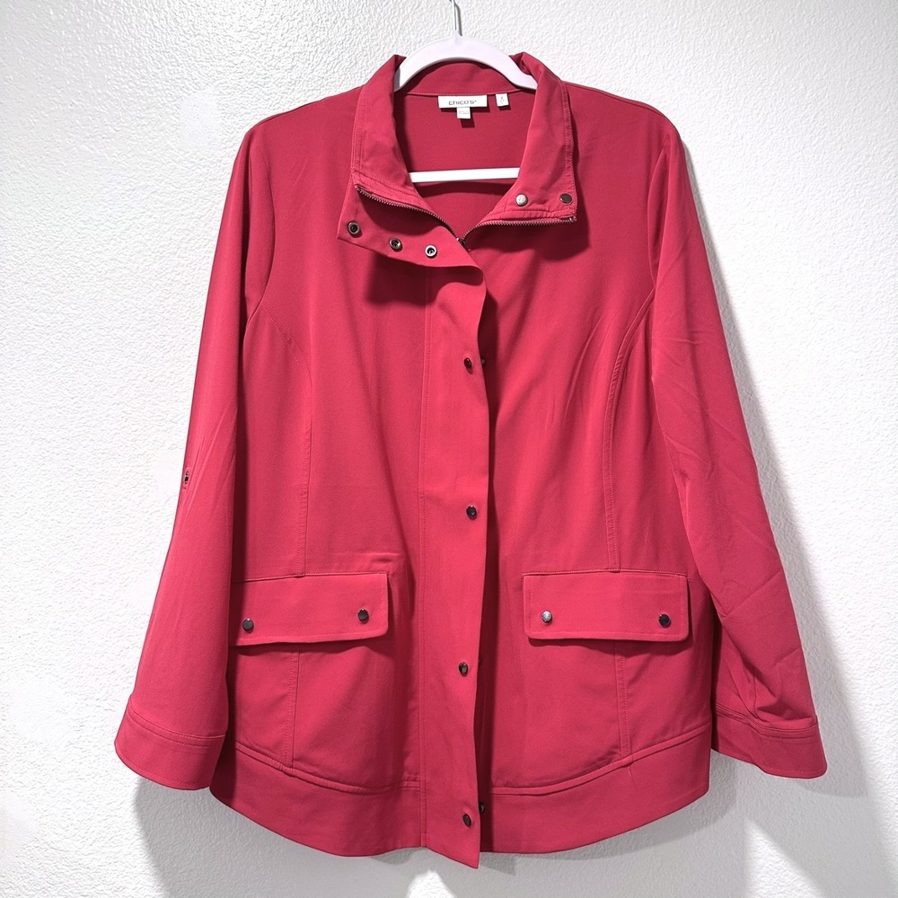 Chico's Size-L (2)Jacket Pink Zip Front Pockets Lightweight Preppy